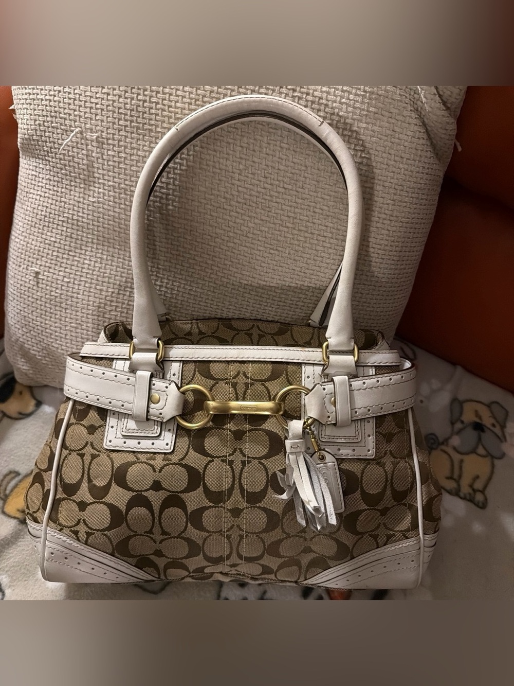 Authentic Vintage Coach white and brown handbag with repeating C logo pattern